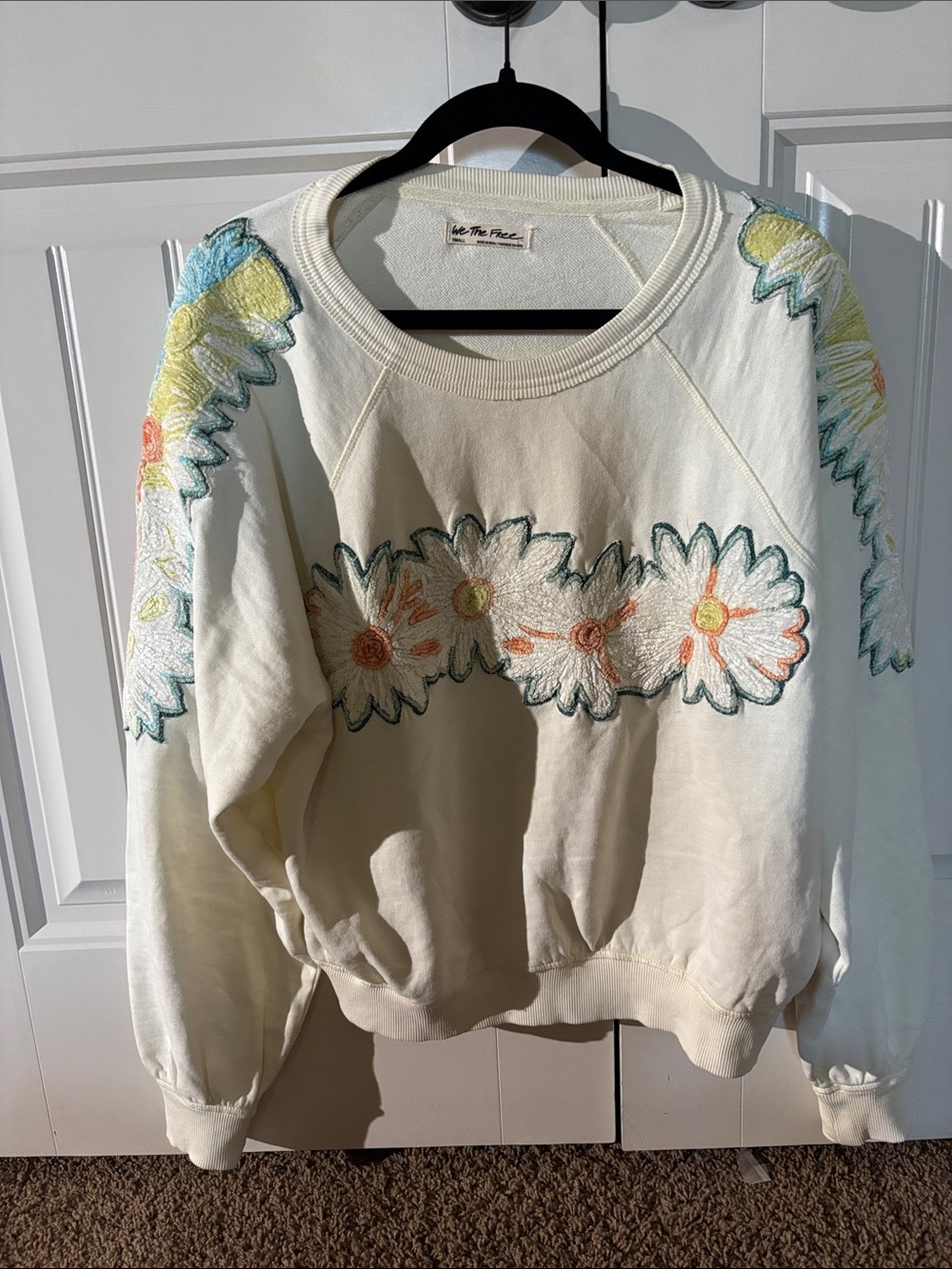 The Free People Cream Daisy Embroidered Scoop Neck Sweatshirt